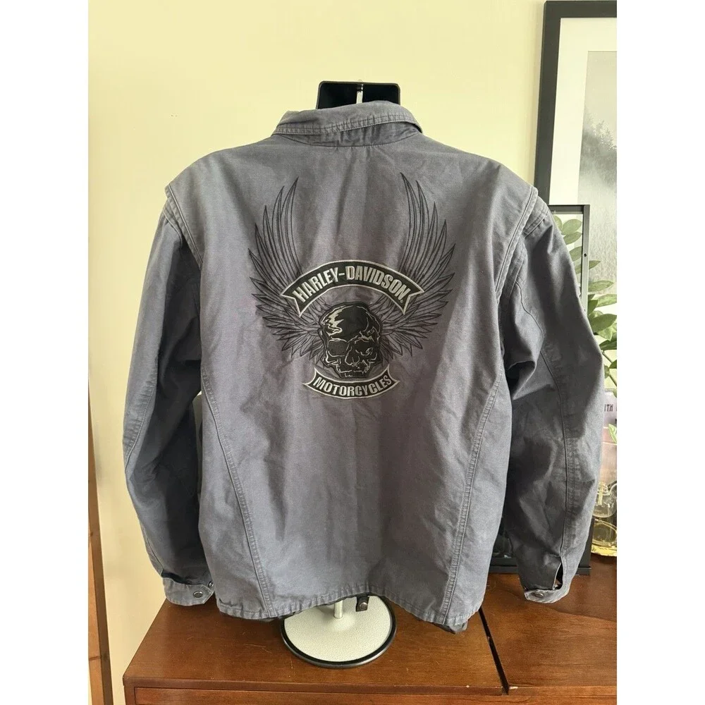 Harley Davidson Bomber Jacket Mens L Skull Wings Embroidered Gray Motorcycle Y2K